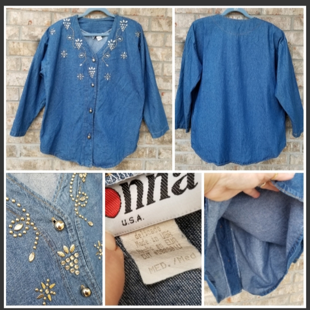 Donna Denim Rhinestone Embellished LongSleeve Tunic(Size L) Bling Shirt *READ*